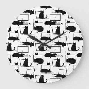 Black Cats Sitting on Laptops Pattern Large Clock