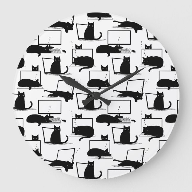 Black Cats Sitting on Laptops Pattern Large Clock (Front)
