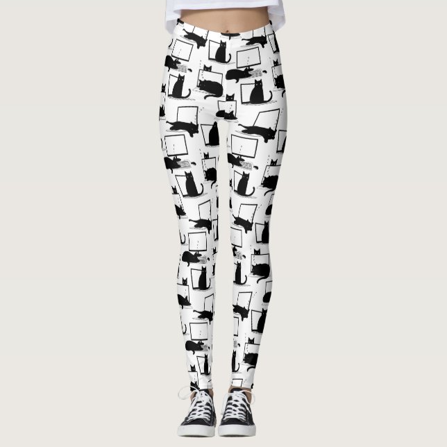 Black Cats Sitting on Laptops Pattern Leggings (Front)