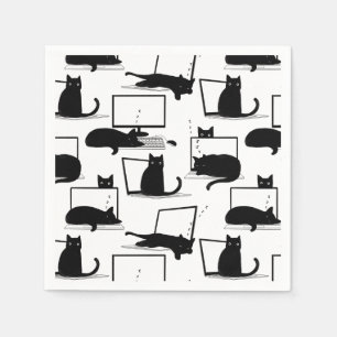 Black Cats Sitting on Laptops Pattern Napkin