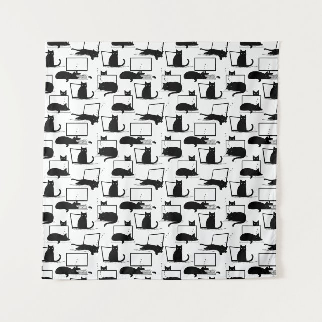 Black Cats Sitting on Laptops Pattern Tapestry (Front)