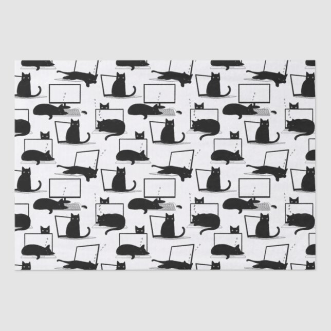 Black Cats Sitting on Laptops Pattern Tissue Paper (Front)