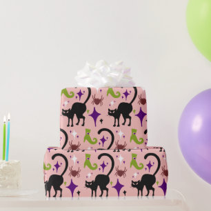 Black Cats Spiders Lime Witch's Boots Halloween Wrapping Paper