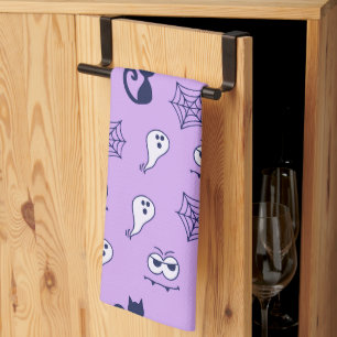 Black Cats Spiderwebs and Ghosts Purple Halloween Tea Towel