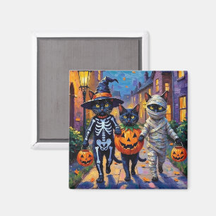 Black Cats Trick-or-Treating in Halloween Costumes Magnet