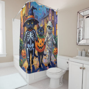 Black Cats Trick-or-Treating in Halloween Costumes Shower Curtain
