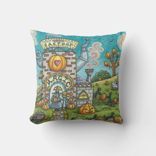 BLACK CATS, WITCH PUMPKIN PIE FACTORY THROW PILLOW (Front)