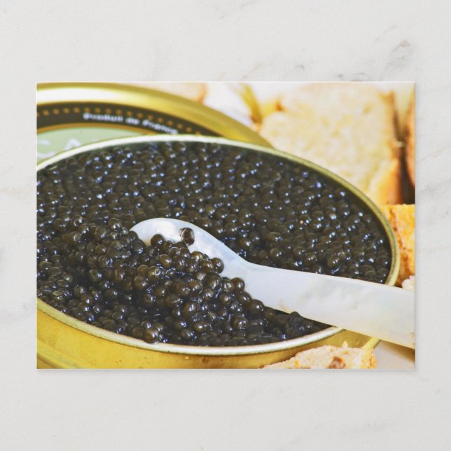 Black caviar and a spoon of mother-of-pearl to postcard (Front)