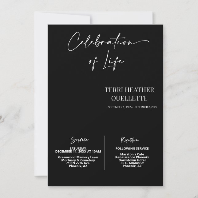 Black Celebration of Life Funeral Memorial Invitation (Front)