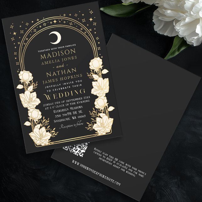 Black Celestial Arch Art Nouveau QR Code Wedding Invitation (Creator Uploaded)