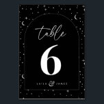 Black Celestial Arched Wedding Table Number<br><div class="desc">A celestial moon and star themed black wedding table name which has the same design on the back,  to help guests find their table. Customise the colour of the star pattern,  background,  arch fill and moon element! You will need to buy one for each table number at your wedding.</div>