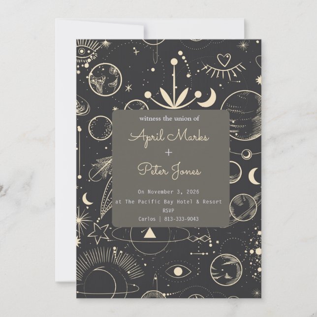 Black Celestial Moon Phases Wedding Invitation (Front)