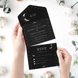 Black Celestial Mystical Gold Moon QR Code Wedding All In One Invitation