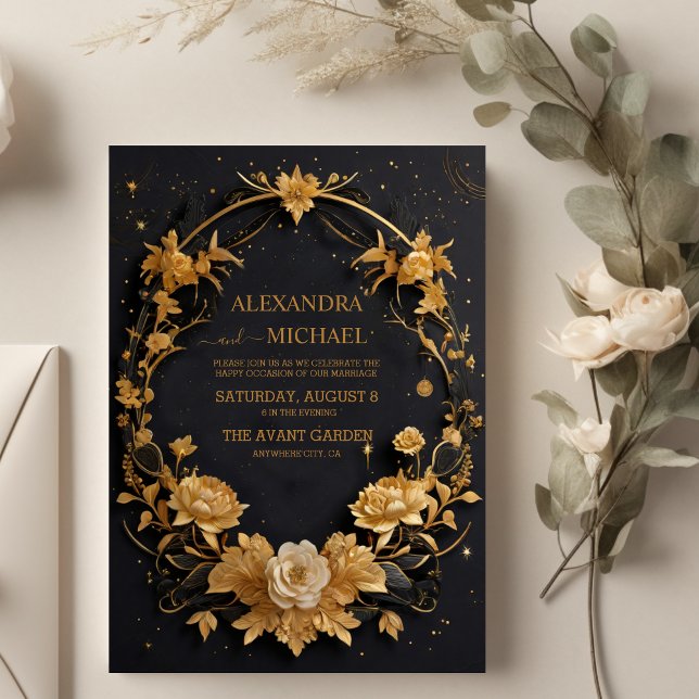 Black Celestial Mystical Gold Moon Wedding Invitation (Creator Uploaded)