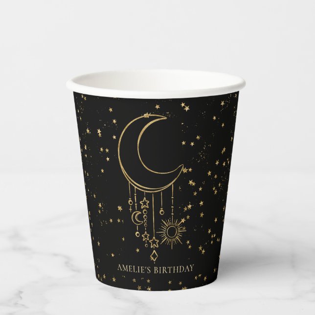 Black Celestial Star Moon Birthday Paper Cups (Front)