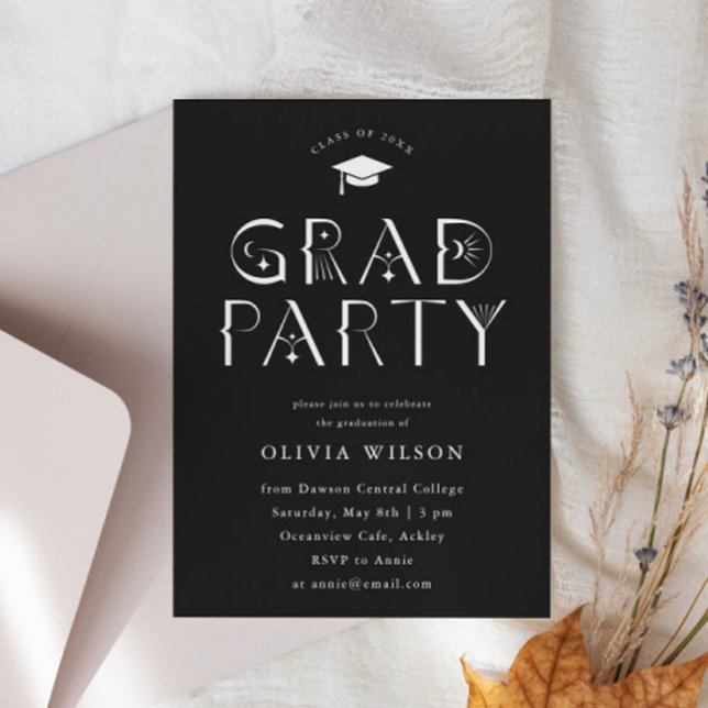 Black Celestial Typography Grad Party  Invitation (Creator Uploaded)