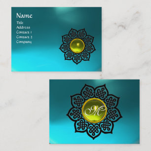 BLACK CELTIC FLOWER YELLOW GEM MONOGRAM Aqua Blue Business Card