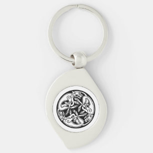 Black Celtic Interlaced Hounds and Dogs on White Key Ring