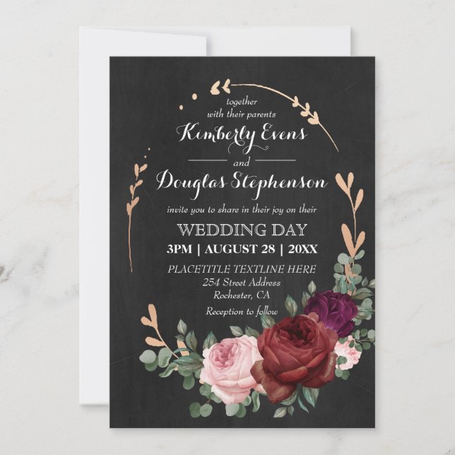 Black Chalkboard Burgundy Gold Rose Boho Wedding Invitation (Front)