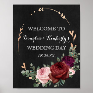 Black Chalkboard Burgundy Gold Rose Boho Wedding Poster