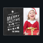 BLACK CHALKBOARD CHRISTMAS PHOTO POSTCARD<br><div class="desc">CHALKBOARD CHRISTMAS HOLIDAY PHOTO CARD. Fun chalk font used on a black chalkboard effect background. Wishing you a Merry Christmas and a Happy New Year. Personalise with your name and family photo. Elke Clarke© for Monogram Gallery. For a different saying please contact store or luxuryweddinginvitations@gmail.com.</div>