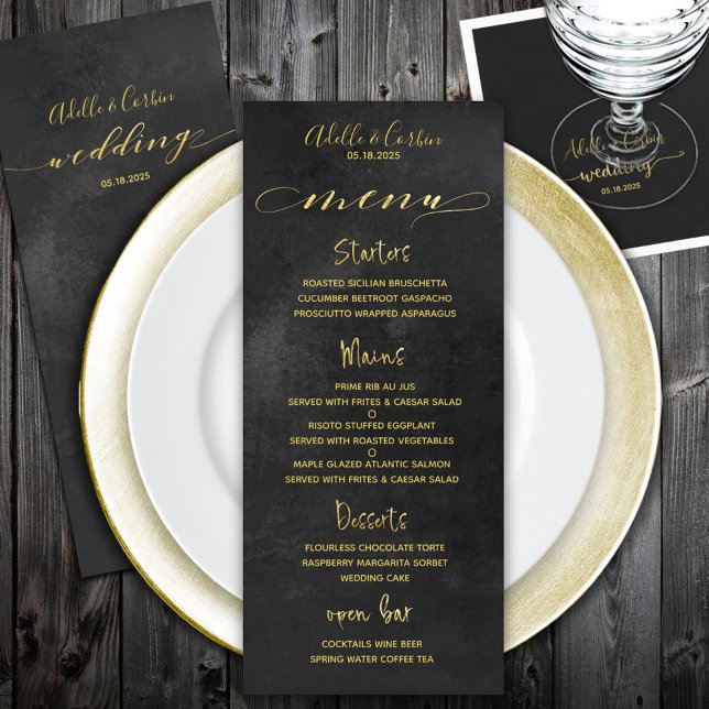 Black Chalkboard & Gold Calligraphy Wedding Menu (Black Chalkboard & Gold Calligraphy Wedding Menu that is fully editable for your special occasion.)