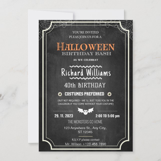 Black Chalkboard Halloween Birthday Costume Party  Invitation (Front)
