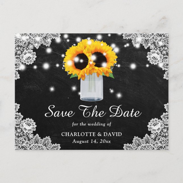 Black Chalkboard Lace Sunflower Save The Date Announcement Postcard (Front)