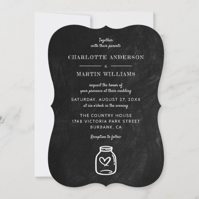 Black Chalkboard Mason Jar Wedding Invitation (Front)