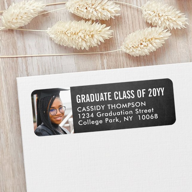 Black Chalkboard Photo Graduation Return Address Label (Creator Uploaded)