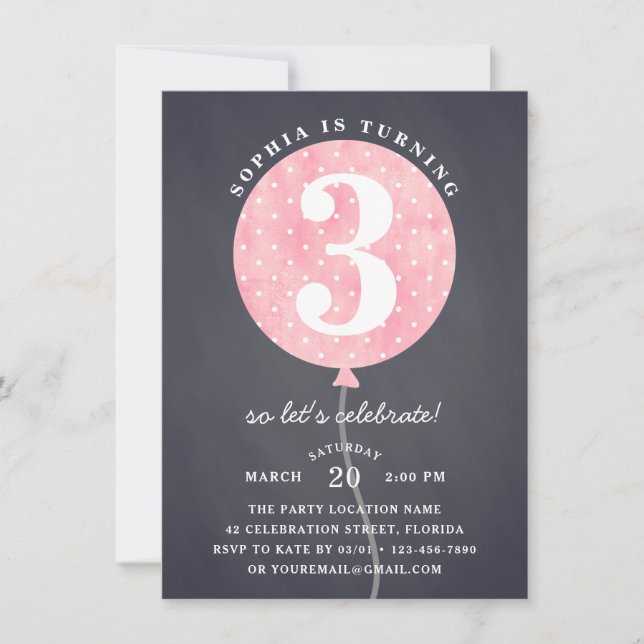 Black Chalkboard Pink Balloon Girl Birthday  Invitation (Front)