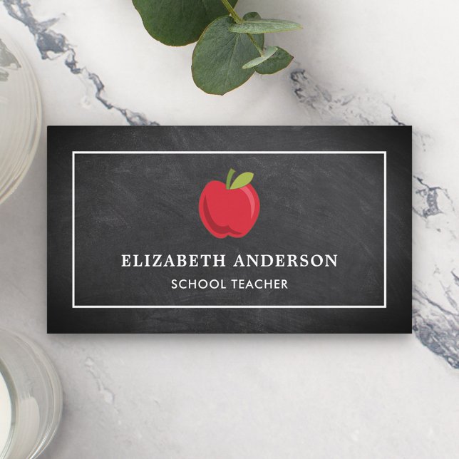 Black Chalkboard Red Apple School Teacher Business Card (Creator Uploaded)