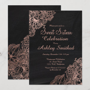 Black chalkboard rose gold floral Sweet 16 Invitation