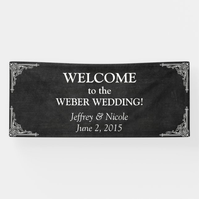 Black Chalkboard Rustic White Flourishes Wedding Banner (Horizontal)