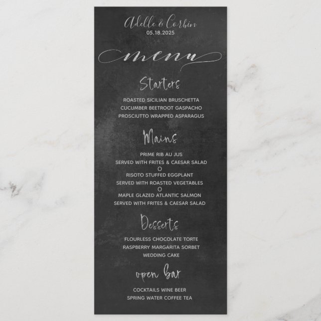 Black Chalkboard Silver Fancy Cursive Calligraphy Menu (Front)