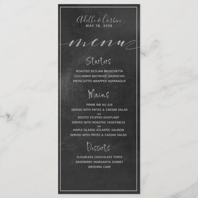 Black Chalkboard Silver Swash Calligraphy Wedding Menu (Front)