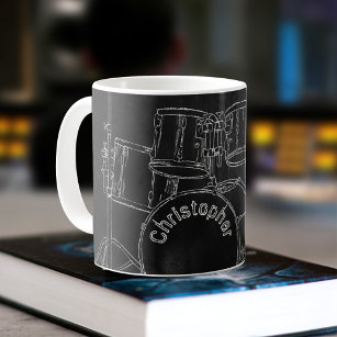 Black Chalkboard Sketch Art Personalised Drum Set Coffee Mug
