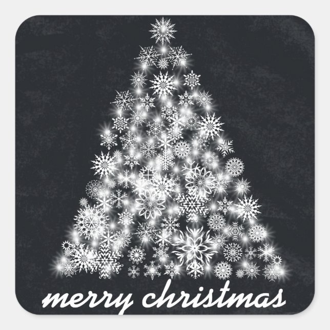 Black Chalkboard Sparkly Christmas Snowflake Tree Square Sticker (Front)