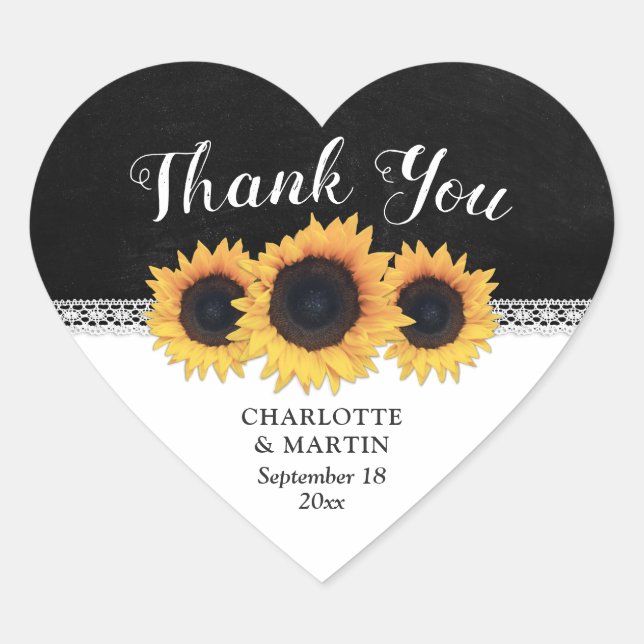 Black Chalkboard Sunflower Wedding Thank You Heart Sticker (Front)