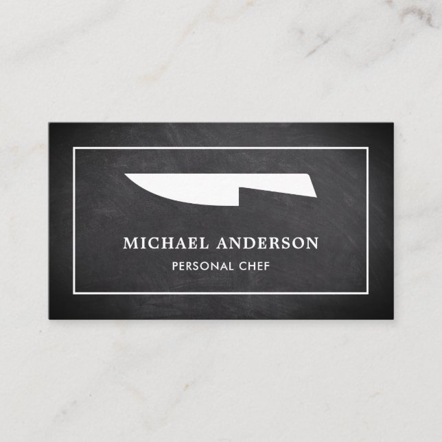 Black Chalkboard White Kitchen Knife Personal Chef Business Card (Front)