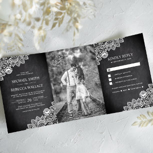 Black Chalkboard White Lace Wedding Photo Tri-Fold Invitation