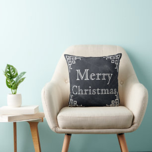 Black Chalkboard White Swirl Merry Christmas Cushion