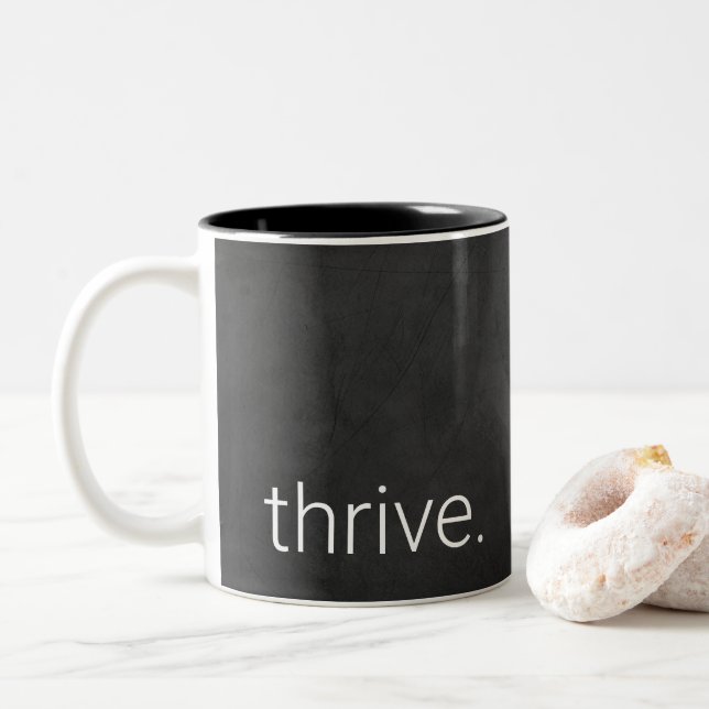 Black Chalkboard With Thrive Text Two-Tone Coffee Mug (With Donut)