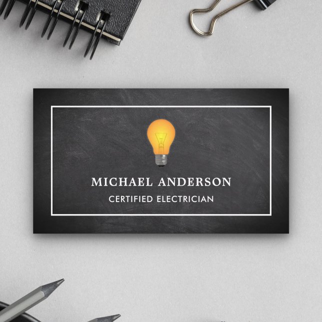 Black Chalkboard Yellow Light Bulb Electrician Business Card (Creator Uploaded)