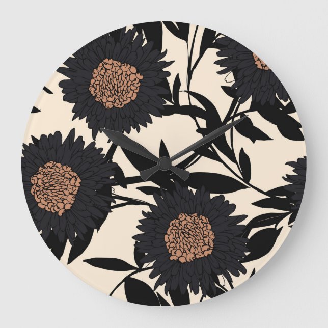 Black chamomile, gerbera: cream background. large clock (Front)