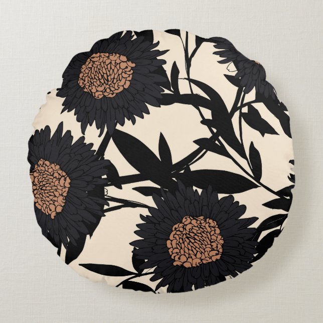 Black chamomile, gerbera: cream background. round cushion (Front)