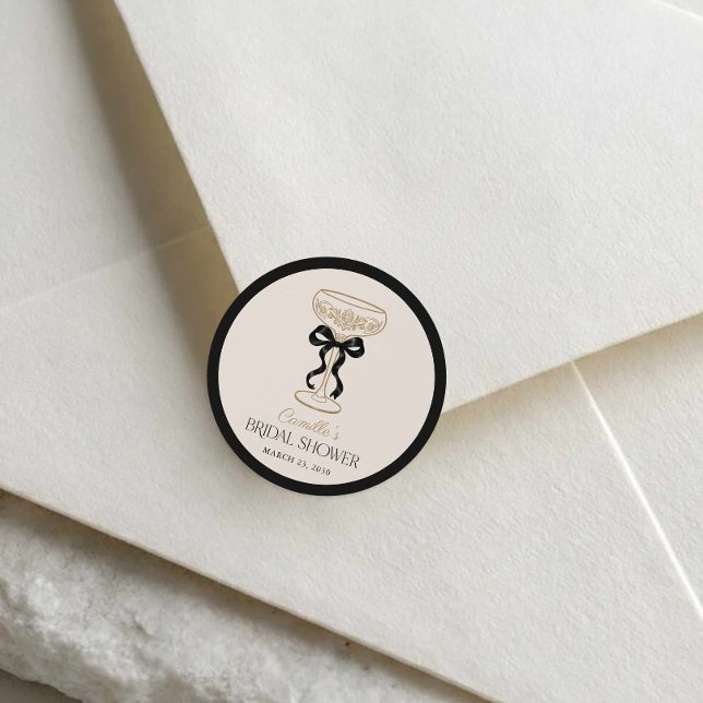 Black Champagne Brunch Circle Favour Sticker (Black Bows and Bubbly Bridal Shower Round Sticker)
