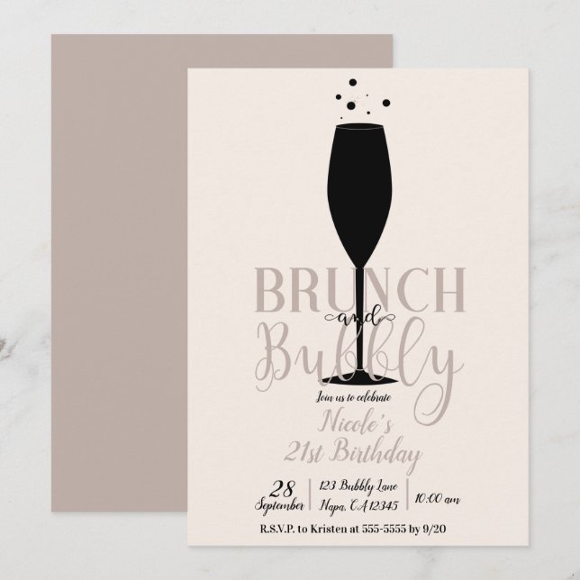 Black Champagne Glass Brunch & Bubbly Birthday Invitation (Front/Back)