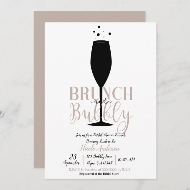 Black Champagne Glass Brunch Bubbly Bridal Brunch Invitation (Front/Back)