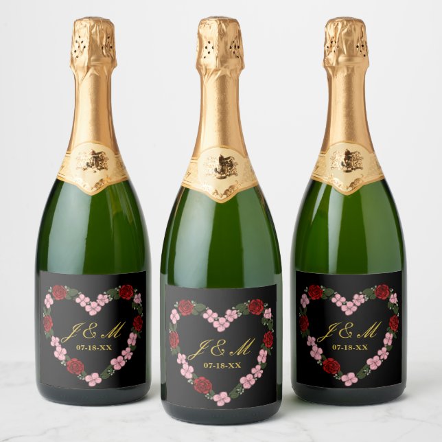 Black champagne label with a pink and red heart (Bottles)